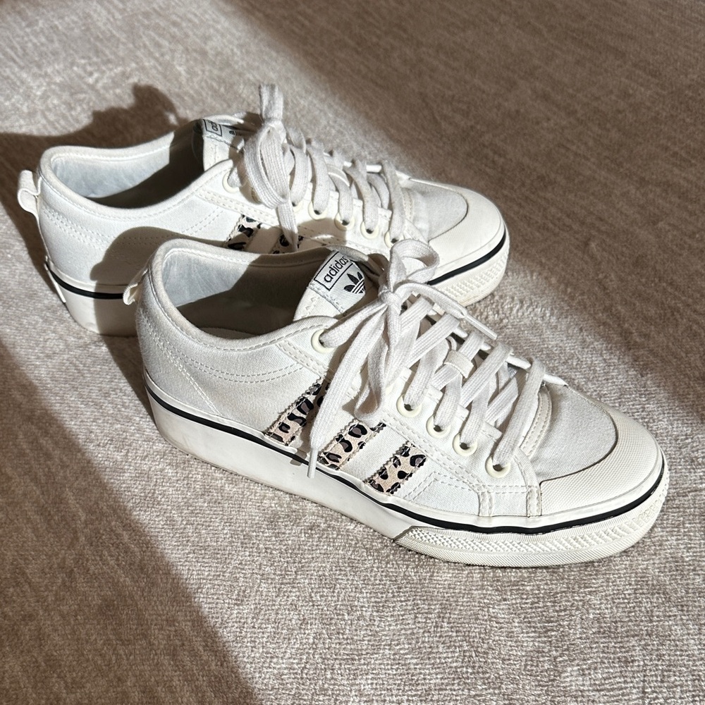 Women's White Adidas Nizza Platform Sneakers with Leopard Print Accents